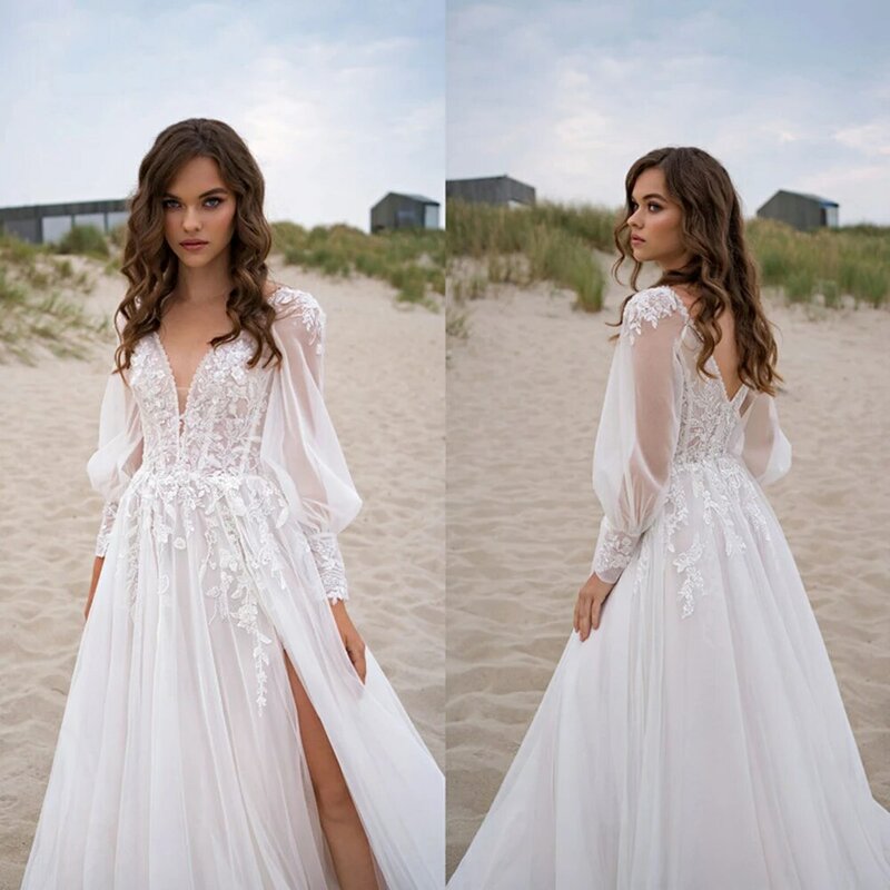 Пляжное простое свадебное платье Musetta с V-образным вырезом, 2023, с пышными рукавами, с высоким разрезом, с открытой спиной, свадебное платье с кружевной аппликацией, Тюлевое платье для невесты