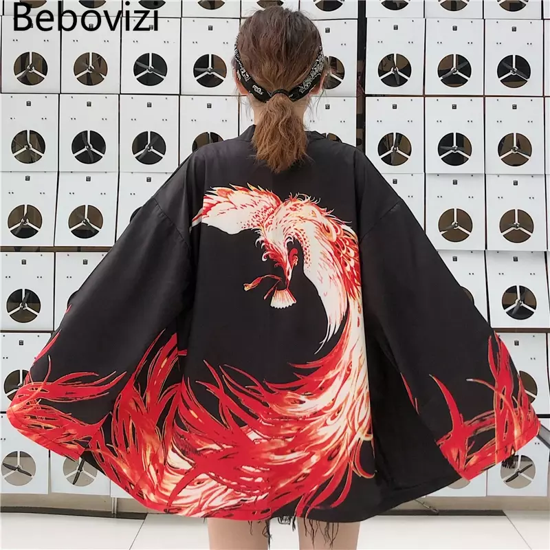 Bebovizi Kardigan Motif Menyala Fenix Gaya Jepang Kimono Harajuku Wanita Pria Seksi Yukata Pakaian Jalanan Tradisional Haori