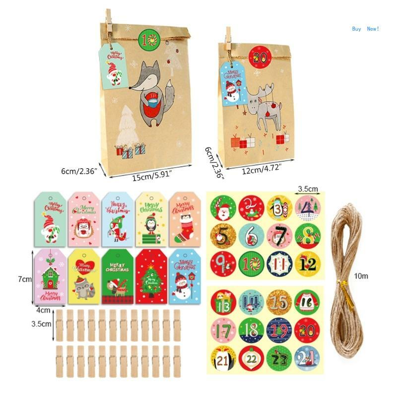 24 Pcs Christmas Gift Bags and Gift Wrap Sticker Tags, Party Treat Bags Candy Bag Set Christmas Party Favor Supplies