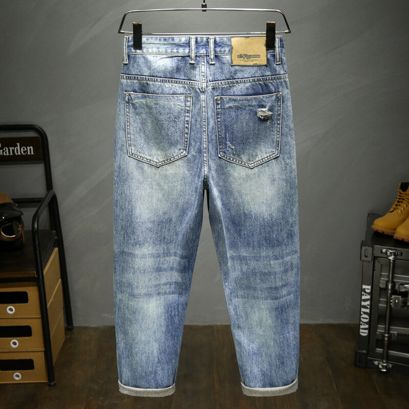 Calça de comprimento do tornozelo azul claro masculina, jeans rasgado, calças folgadas angustiadas, ajuste solto, calças, harém, quebrado, roupa original