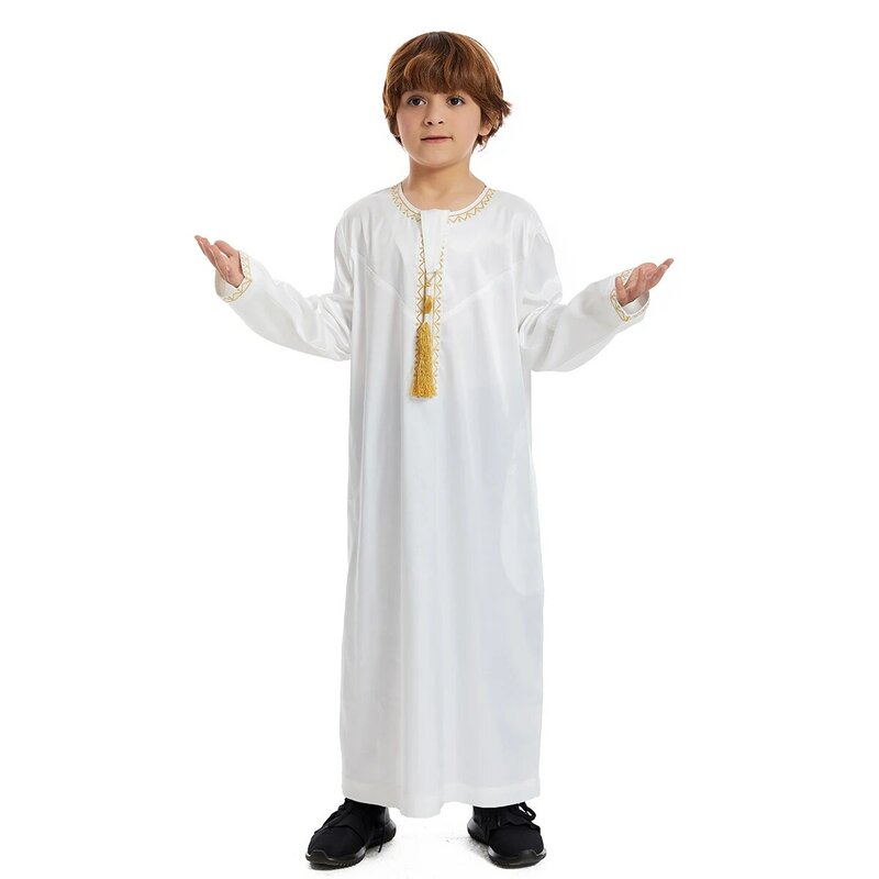Muslim Boys Robe Round Collar Embroidered Tassel Long Sleeves Dress Gown Saudi Arabia Abaya Kaftan Jubba Thobe Islamic Clothes