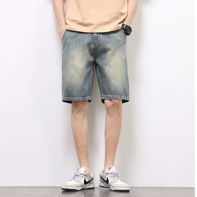 Pantalones cortos de mezclilla para hombre, Shorts de cinco puntos, Estilo Vintage, lavados, rectos, simples, de Color sólido, ropa de calle