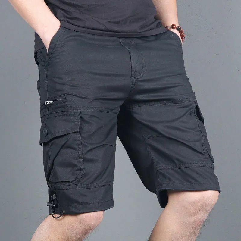 Male Short Pants with Zipper Black Half Multi Pocket Men's Cargo Shorts Long Bermuda Draw String Strech Homme Clothing Y2k Jorts