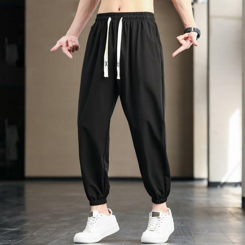 Ice Silk Men Trousers Quick-drying Men's Sport Ninth Pants with Side Pockets Drawstring Elastic Waist for Gym Training Jogging