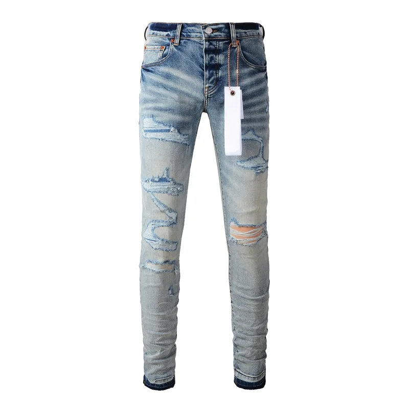 ROCA ungu kualitas tinggi merek jeans dengan lubang tertekan Patch mode perbaikan rendah naik celana Denim kurus 28-40 ukuran