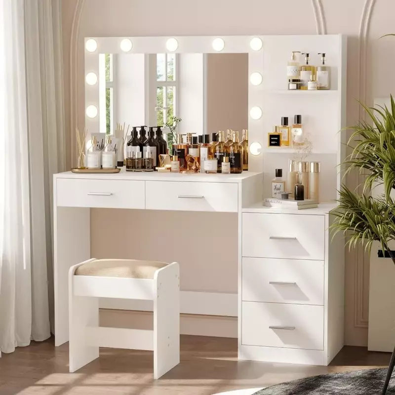 Meja rias wanita putih untuk furnitur kamar tidur 46.7 "meja rias dengan meja rias cermin berlampu 11 lampu LED