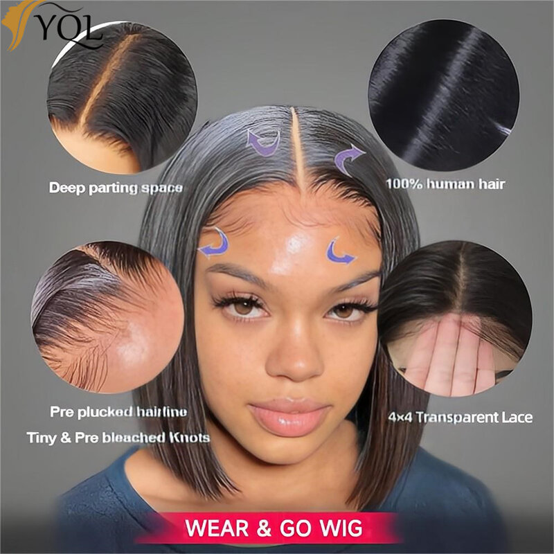 Glueless Wigs Ready To Wear Short Straight Bob Wig Transparent 4x4 Lace Closure Human Hair Wig For Women Peruvian Human Hair Wig