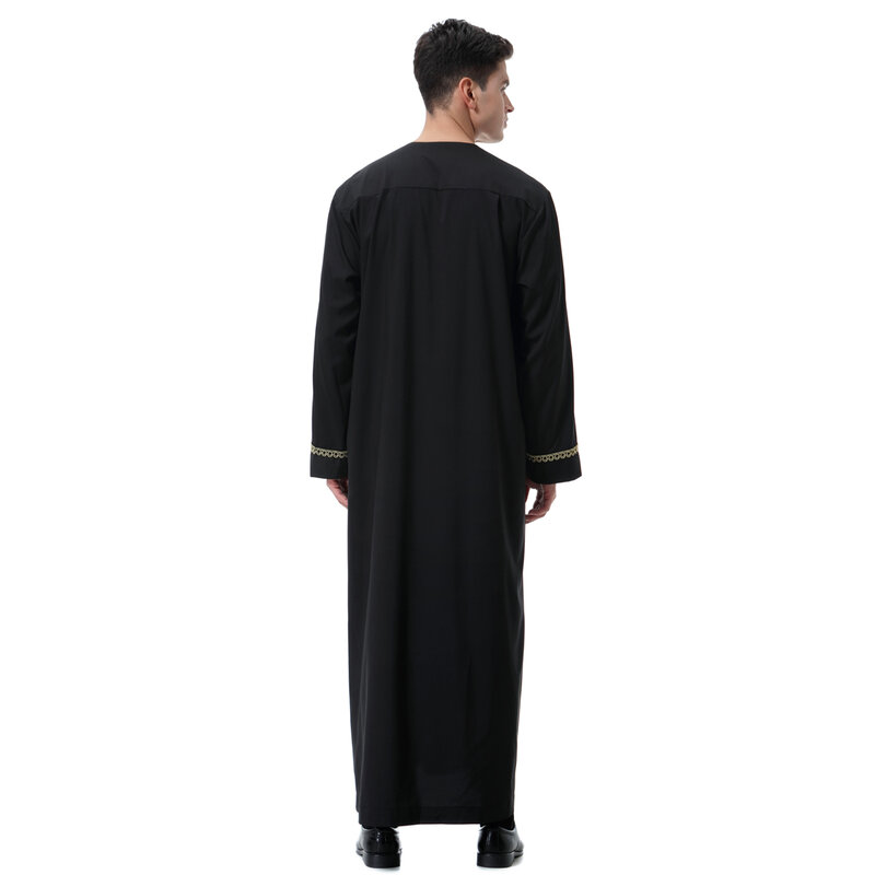 مسلم الرجال طويلة الأكمام الياقة المستديرة التطريز سستة رداء العربية الذكور الكبار الكاحل طول ثوب رمضان عيد الملابس