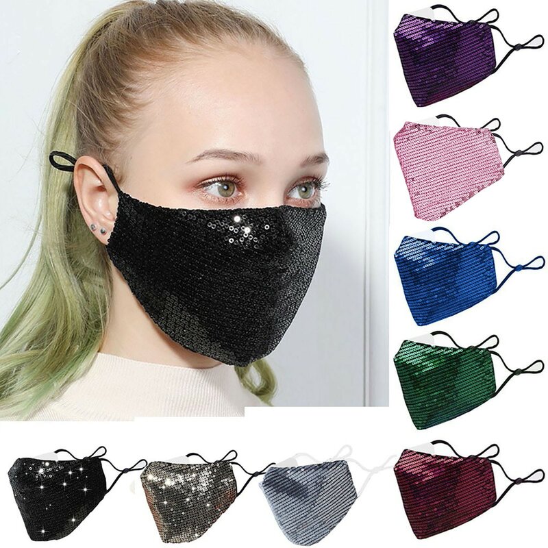 Máscara facial de algodão com lantejoulas lavável e reutilizável para adultos, respirável e protetora, ciclismo ao ar livre, moda feminina, 1 pc