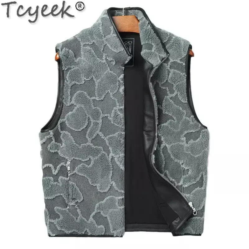 Tcyeek 2023 Men's Sheep Shearing Fur Jackets Fashion Wool Vest for Men Clothing Loose Fit Warm Winter Real Fur Vests Short Style