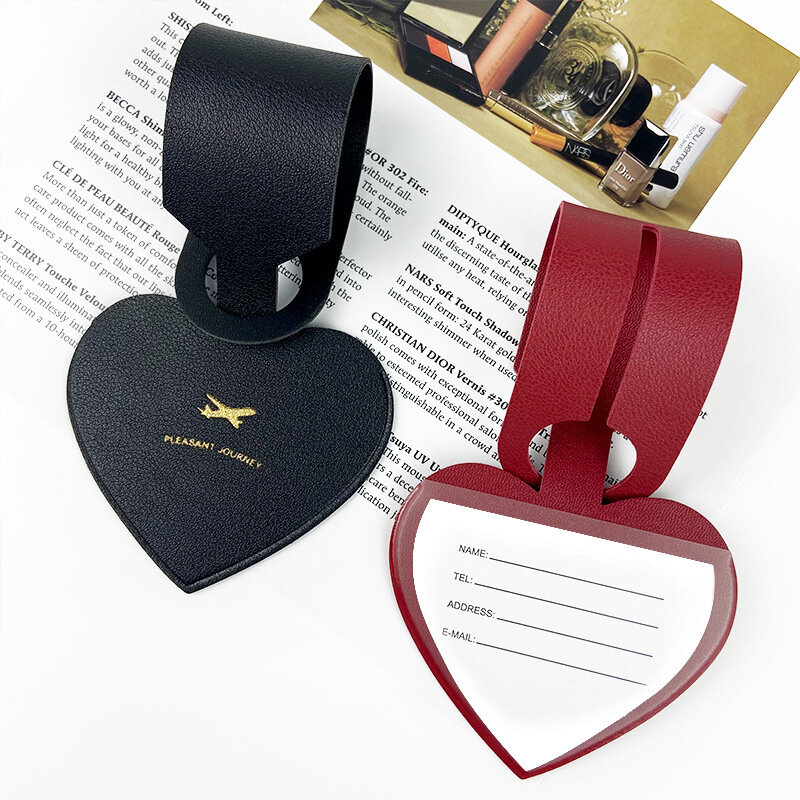 Etiquetas de equipaje en forma de corazón de cuero PU de alta calidad, soporte para identificación de maleta, etiqueta portátil, accesorios de viaje