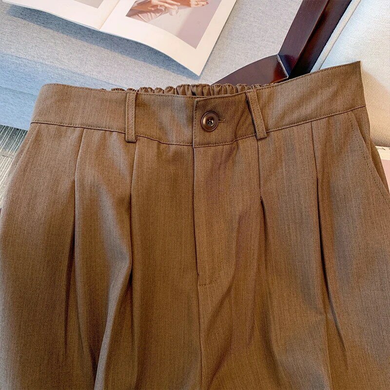 Celana wanita ukuran Plus, celana wanita kasual musim semi poliester warna coklat, celana kaki lebar, celana komuter nyaman, ukuran plus 160