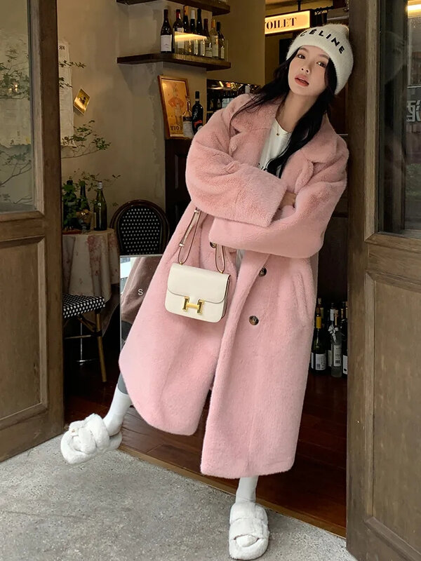 Утолщенные Теплые Длинные куртки из искусственного меха, Свободные теплые женские пальто, Корейская зимняя пушистая подкладка, верхняя одежда, женское роскошное пальто