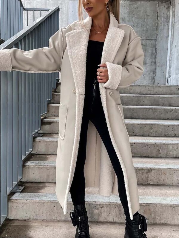 2022 Inverno PU Faux Leather Coat Mulheres Longo Casaco De Couro Preto Grosso Casacos Quentes para As Mulheres