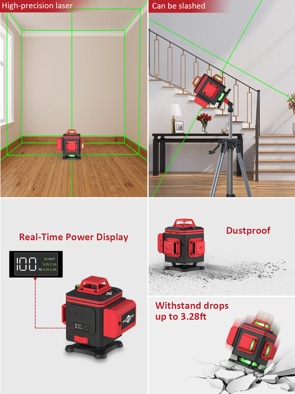 WEIDDW 3D/4D 12/16 Lines Laser Level Horizontal Vertical with Remote Control 360°Self-leveling Professional 8 lines Laser Levels
