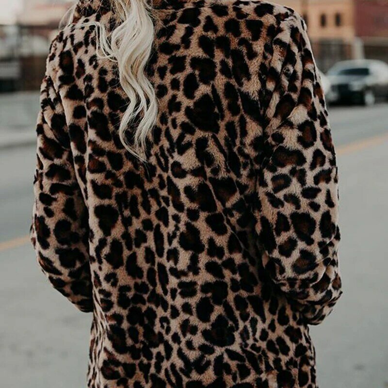 Women Winter Classic Leopard Jackets Coat Fashion Faux Rabbit Fur Long Streetwear Casual Turn-down Collar Soft Overcoat  Plush