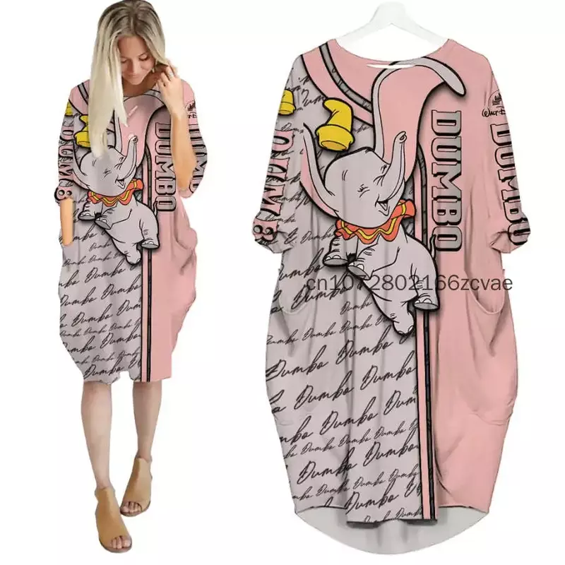 Nowy Disney Dopey damski Batwing sukienka z kieszeniami 3D z nadrukiem Disney ścieg styl Oversize sukienka typu Street sukienka do spania z długim rękawem