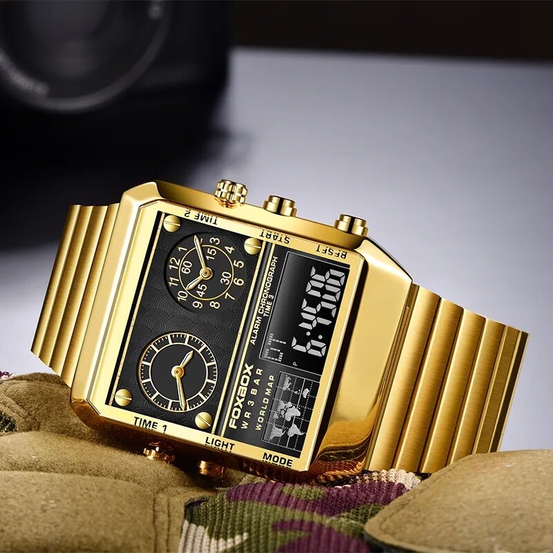 LIGE jam tangan pria, merek Foxbox Steel jam tangan olahraga Tentara militer kuarsa arloji kronograf