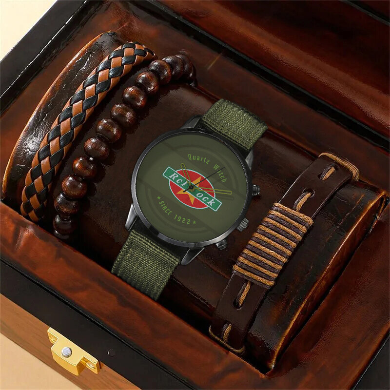 Relógio de pulso masculino Casual Nylon Strap Quartz, Relógios de negócios, corda manual, esporte de luxo, moda, 4 peças
