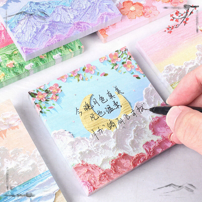 10 Pcs Memo Pad Oil Painting Landscape Sticky Notes, Student Office Message Notes N Times Office Accessories
