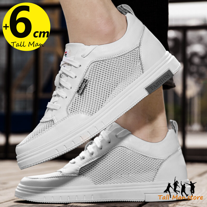 Sepatu kets tumit Chunky untuk pria, sepatu Sneakers penambah tinggi sol dalam 6CM gaya santai warna putih untuk pria