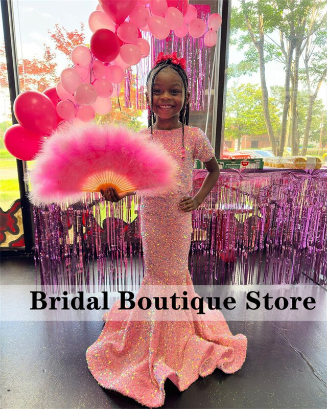 New Arrival 2023 Sparkly Pink Flower Girls Dress Glitter Sequins Child Princess Gown For Birthday First Communion PhotoShoot