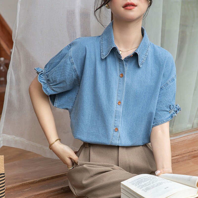 Damska koszula dżinsowa New Arrival 2024 Summer Korean Style Solid Color Basics Luźne damskie koszule z krótkim rękawem W1757