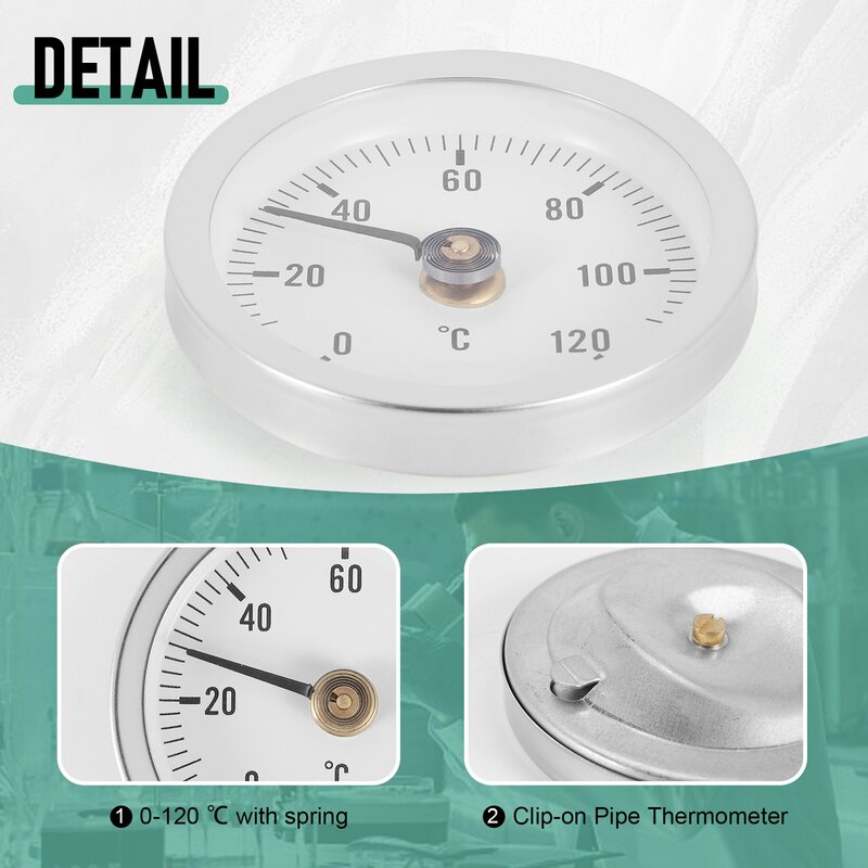 Termómetro de Dial con Clip de tubo de 63mm, medidor de temperatura de placa redonda con resorte, rango 0-120 ℃, caja de aluminio, juego de 5 piezas