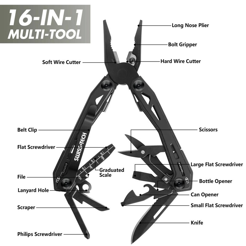 SWISS TECH-16 in 1 Camping Multitool, Multi Folding Plier, Wire Stripper, Outdoor Pocket, Mini Portable for Camping, New Arrival