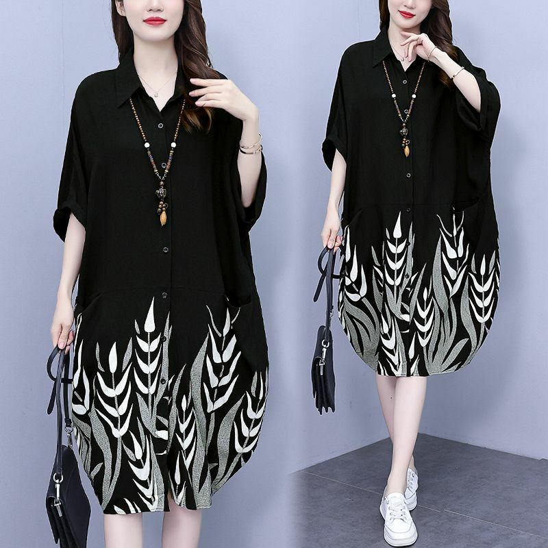 Fashion Lapel Printing Asymmetrical Batwing Sleeve Casual Dresses Women Clothing 2024 Summer New Oversized Commuter Shirt Dress