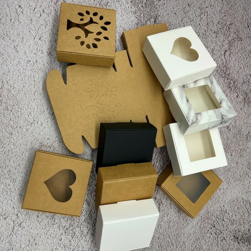 30Pcs Kraft Paper Cardboard Jewelry Packaging Boxes DIY Handmade Gifts Box Clear PVC Window Displays Gifts Displays Packing Box