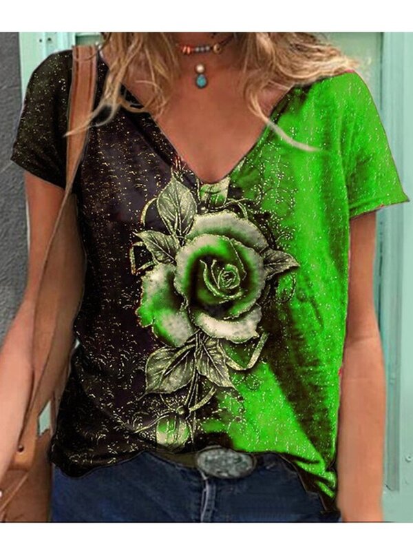 2023 Женская одежда, модная футболка с V-образным вырезом и принтом, повседневные свободные футболки с коротким рукавом и цветочным принтом, топы с растительным пейзажем, большие размеры