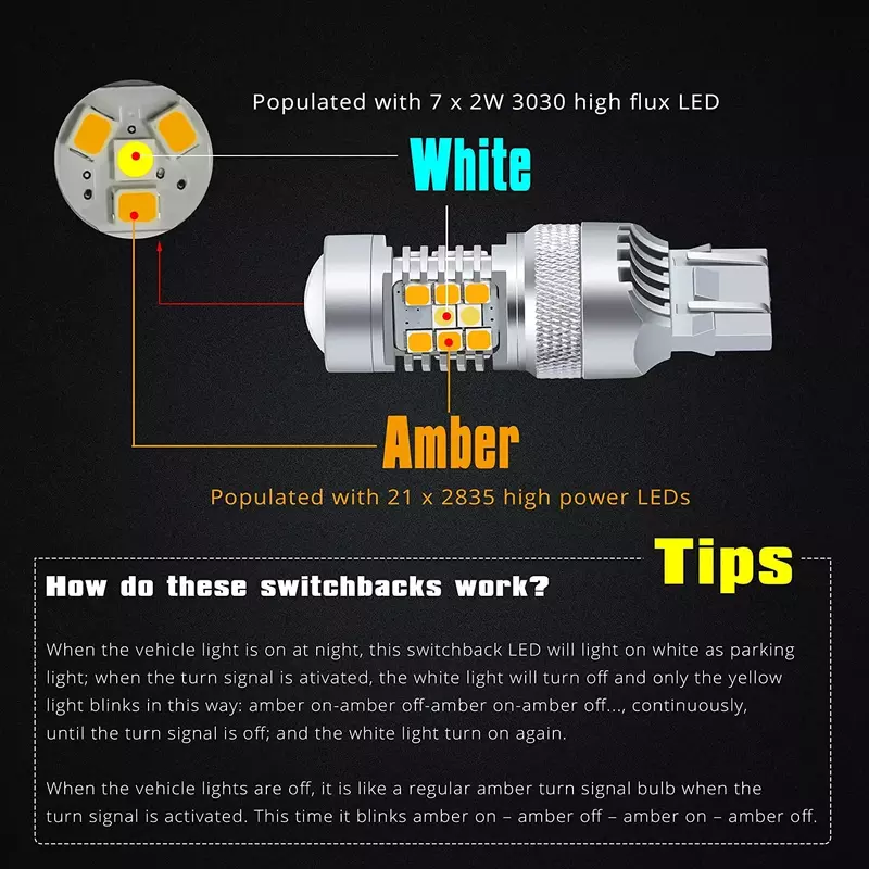 2PCS T25 3457 3157 Switchback LED Turn Signal Lights Dual Color 6K White/Amber Yellow 12V 4157NAK 3457AK 4057 3057 3757AK 5702AK