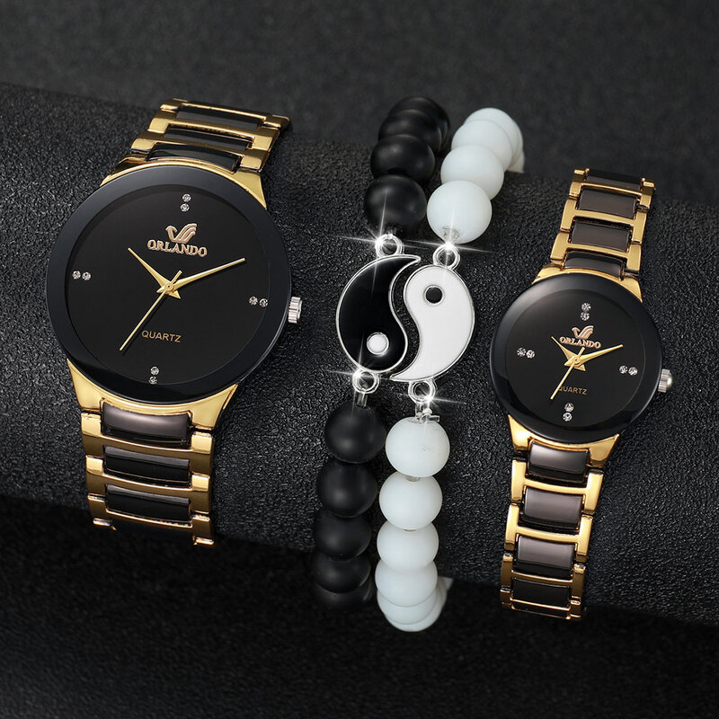 Aço inoxidável relógio e pulseira de miçangas, banda casal, moda, 4pcs