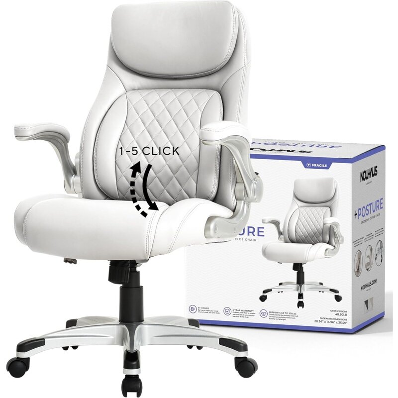 Cadeira ergonômica de couro, suporte de cintura de 5 cliques com braços, cadeira executiva moderna e mesa e cadeira do computador, branca
