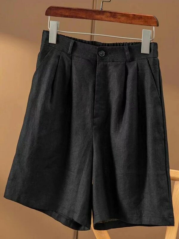 Celana pendek wanita musim panas, celana pendek katun Linen pinggang tinggi elastis kasual lurus celana kaki lebar mode sederhana nyaman hitam