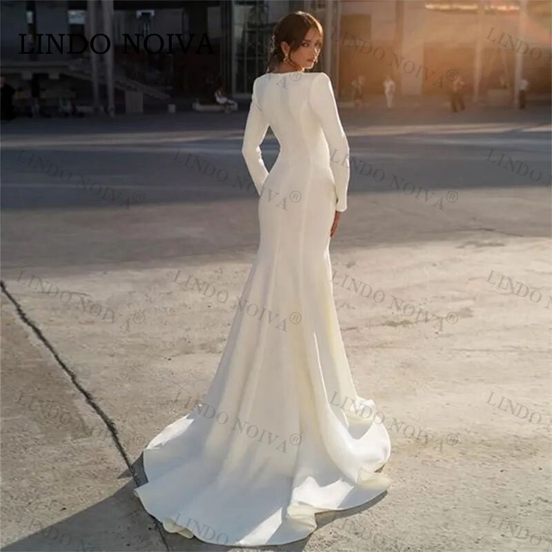 Lindo Noiva Mode Perlen V-Ausschnitt Kleider lange Ärmel Satin Brautkleid Kleid Sweep Zug Strand Robe de Mariee Vestido Blanco