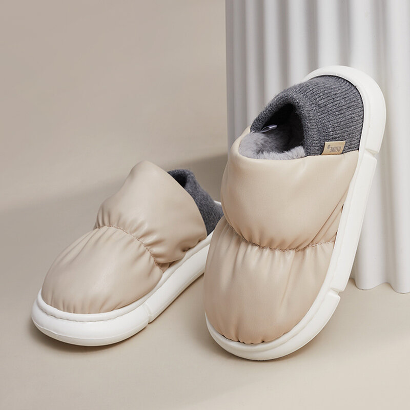 UTUNE Toast ฤดูหนาวผู้หญิงรองเท้าแตะขนมปังรองเท้านอกในร่มรองเท้าผู้ชาย PU Warm Plush Dual Purpose EVA หนา non - slip