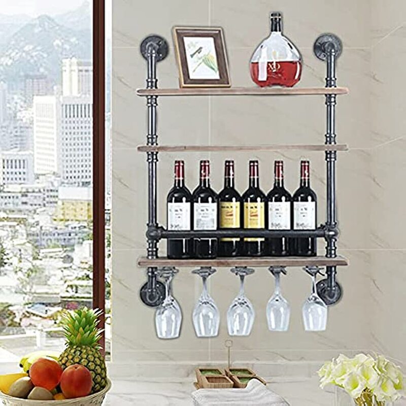 Półka przemysłowa półka na wino montowana na ścianie z uchwytem na kieliszek 3-poziomowy rustykalny pływający Bar półki na wino barowa szafka