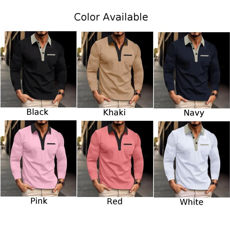 Autumn T Shirt T Shirt Brand New Vacation Colorblock Holiday Lapel Long Sleeve Male Men Polyester Slight Stretch
