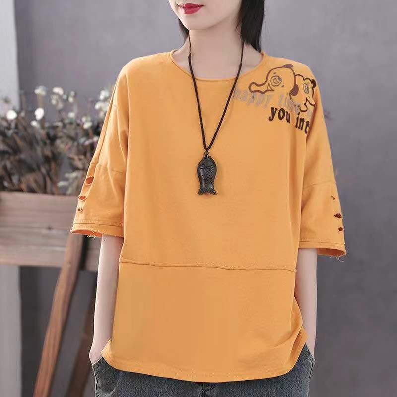 เสื้อยืดแฟชั่นลายการ์ตูนคอกลมสำหรับผู้หญิง, เสื้อเสื้อใส่สบายสไตล์เกาหลีทรงหลวมฤดูร้อน2024