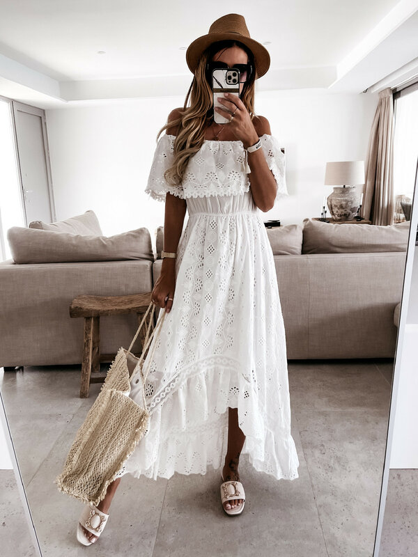 Vestido blanco de verano para mujer, traje playero informal, bohemio, Hippie, elegante, largo, para fiesta, 2023