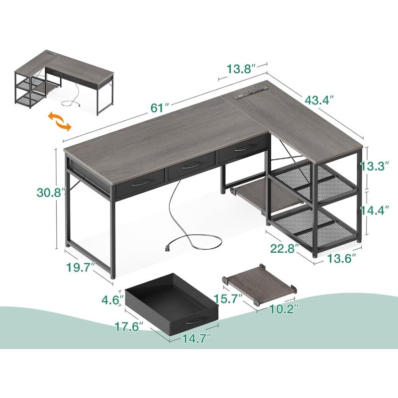 61 Inch L Shaped Computer Desk with Drawers, Corner Desk with Power Outlets & Reversible Storage Shelves, Movable CPU