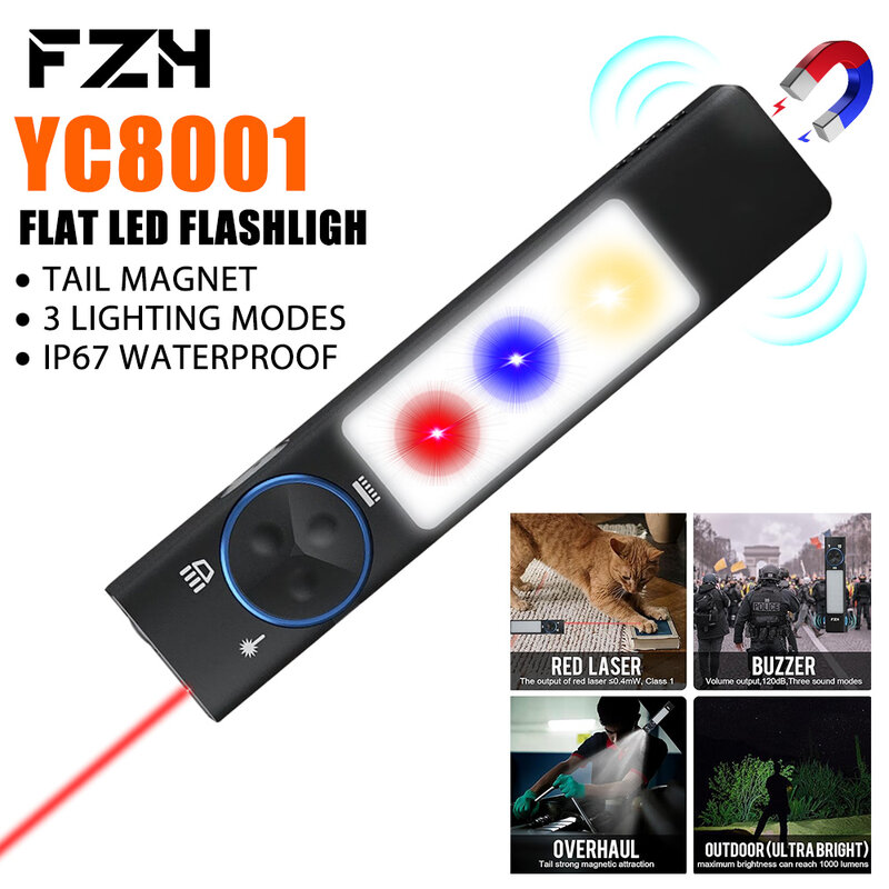 YC8001 Flat EDC Flashlight 1000 Lumens Rechargeable LED Torch with Tail Magnet Buzzer 365nm UV Outdoor Emergency Camping Lantern