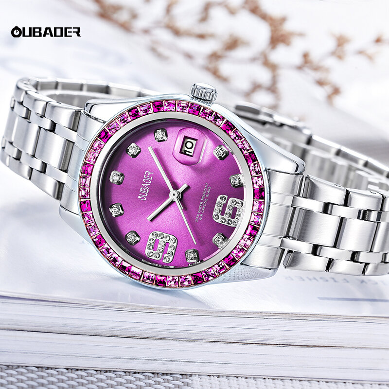 Женские кварцевые часы OUBAOER, новинка 2023, Модные Роскошные наручные часы из нержавеющей стали, браслет, простые водонепроницаемые светящиеся женские часы