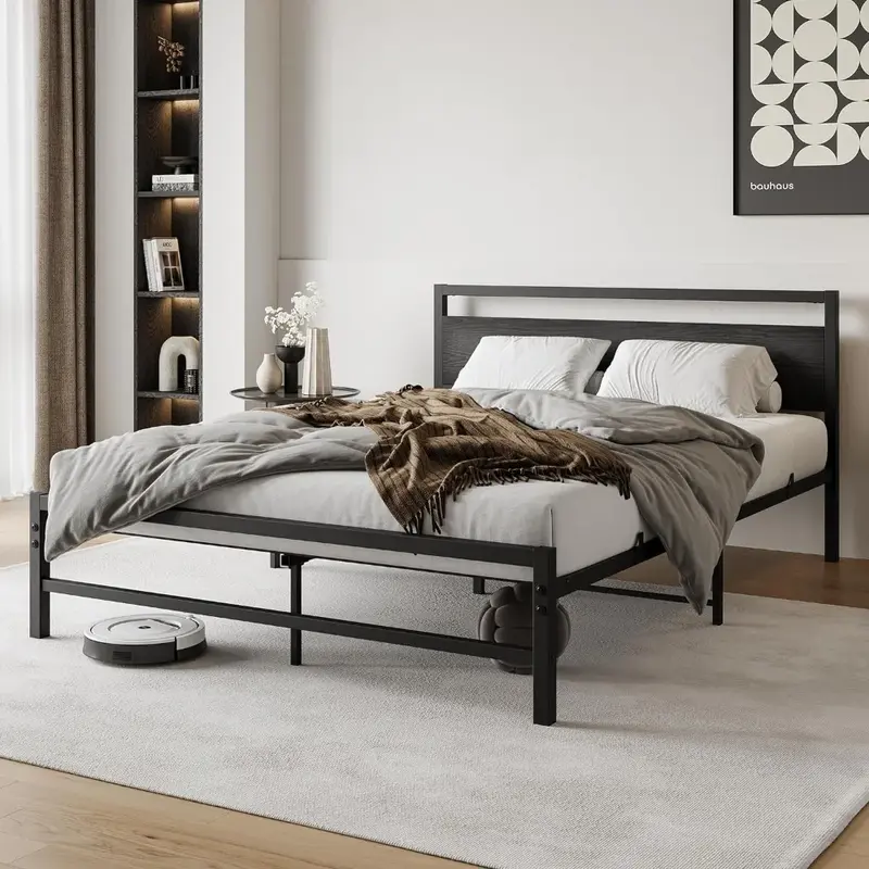 Cadre de lit Queen Size avec planche de sauna en bois noir, cadres de lit à plateforme rapides avec rangement, sans ressort