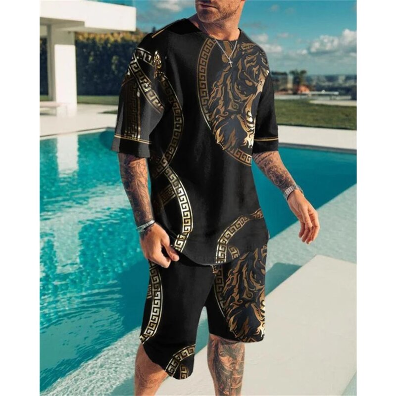 Camiseta e calção casual masculina estilo praia 3D com estampa digital, conjunto de roupas esportivas extragrandes, verão, europeu, americano, na moda, novo