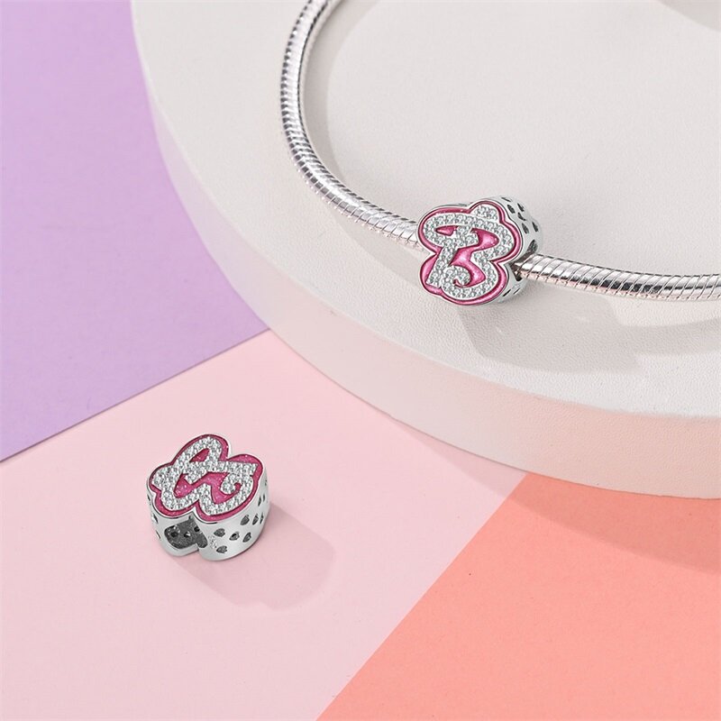 925 Sterling Silver Charms Beads, 26 letras, encantos rosa brilhante, adequado para Pandora Pulseira Original, DIY Presente Jóias Finas, Nova Moda