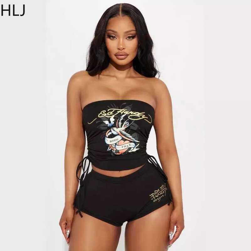 HLJ Fashion Y2K Graffiti Print Tube Two Piece Sets Women Off Shoulder Sleeveless Backless Crop Top And Shorts Outfits Streetwear