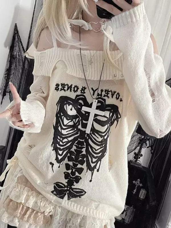 Deeptown Y2K Harajuku Schädel Strick pullover Frauen Grunge Kpop Aushöhlung Pullover Koreanisch Off Shoulder Pullover Top E-Girl Japanisch